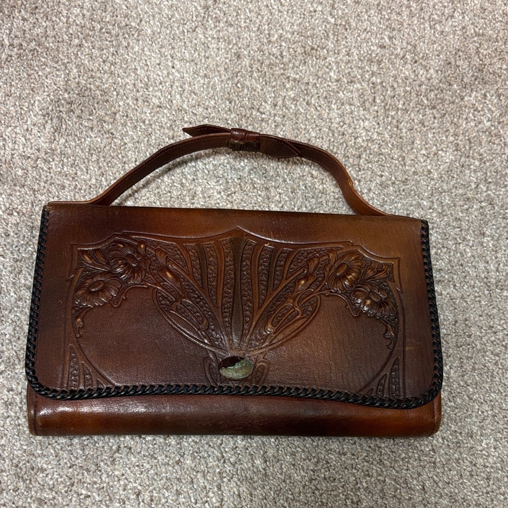 Vintage Brown Tooled Leather Wristlet Clutch